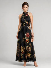 Serena ∙ Abito lungo verde floreale in chiffon con scollo a halter