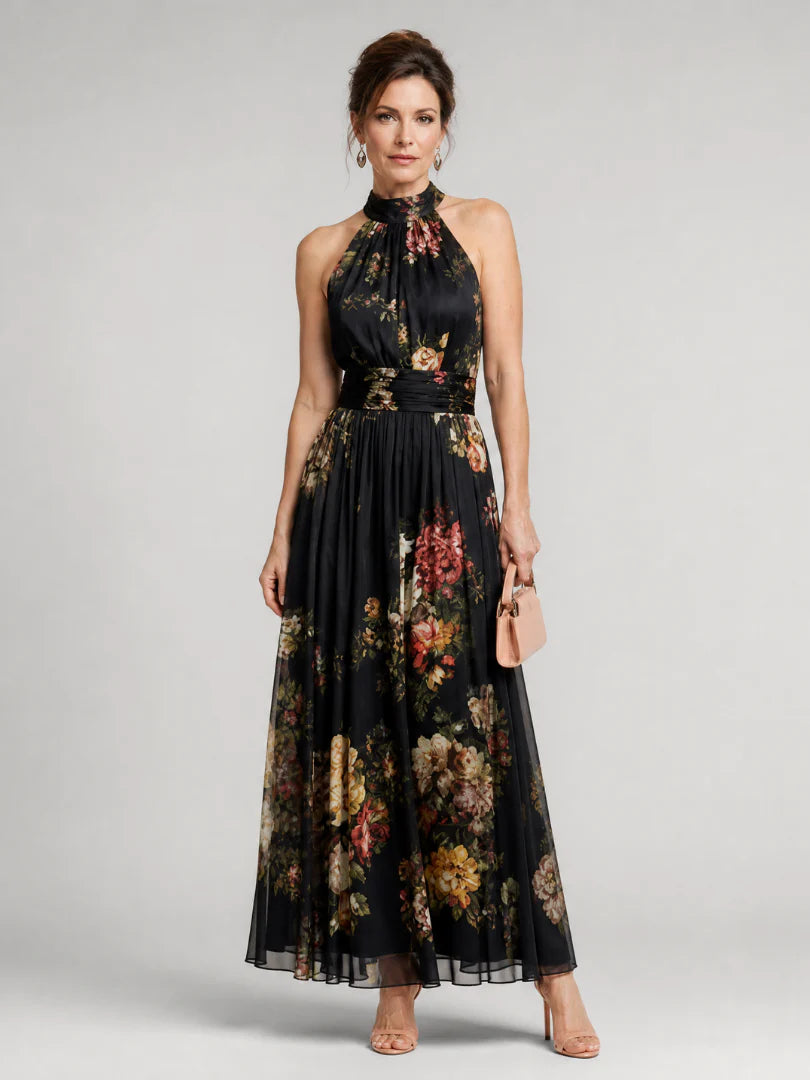 Serena ∙ Abito lungo verde floreale in chiffon con scollo a halter