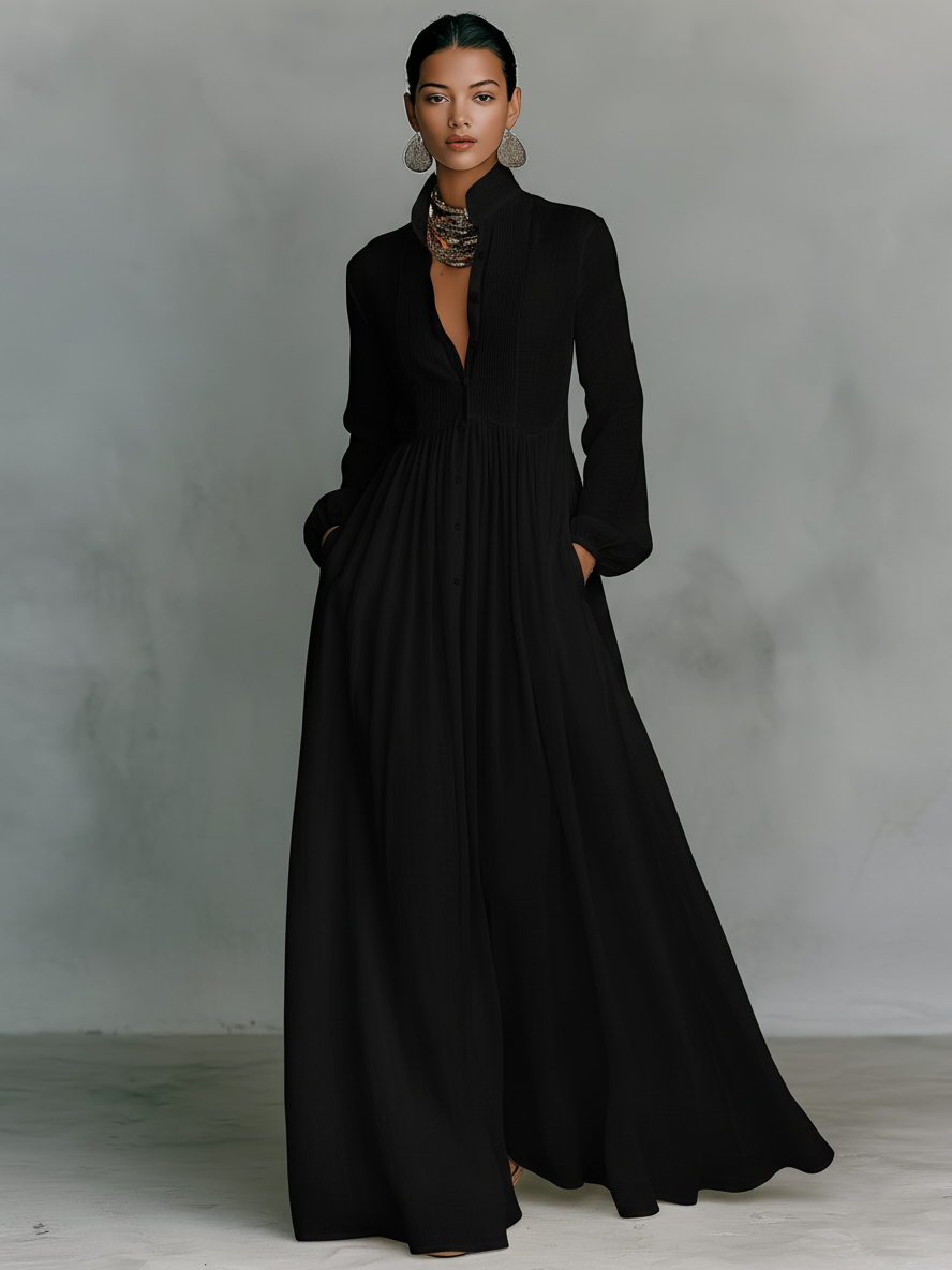 Maxi abito monopetto a maniche lunghe in cotone e lino con patchwork