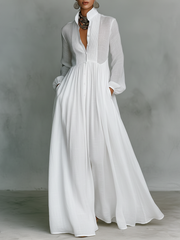 Maxi abito monopetto a maniche lunghe in cotone e lino con patchwork