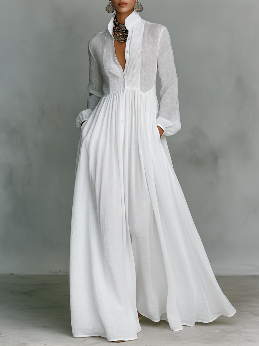 Maxi abito monopetto a maniche lunghe in cotone e lino con patchwork