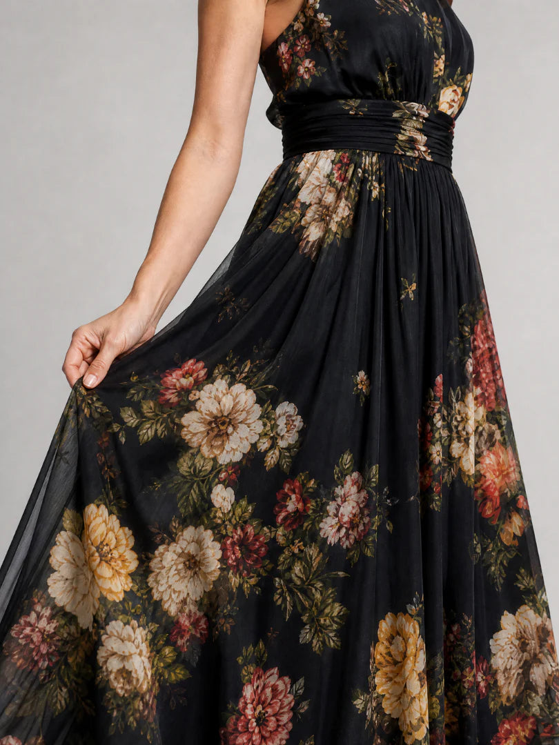 Serena ∙ Abito lungo verde floreale in chiffon con scollo a halter