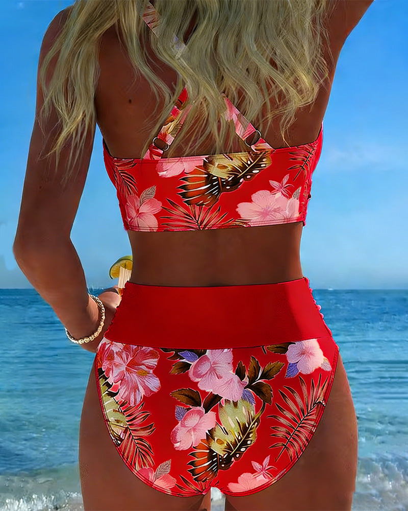 Bikini con stampa floreale a contrasto e spacco