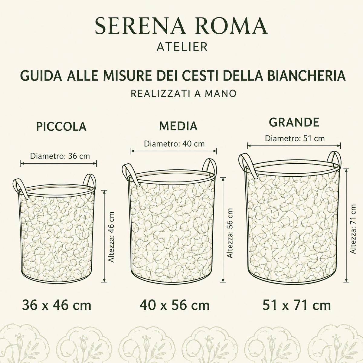 Guida alle misure dei cesti portabiancheria Serena Roma: Piccola 36 x 46 cm, Media 40 x 56 cm, Grande 51 x 71 cm