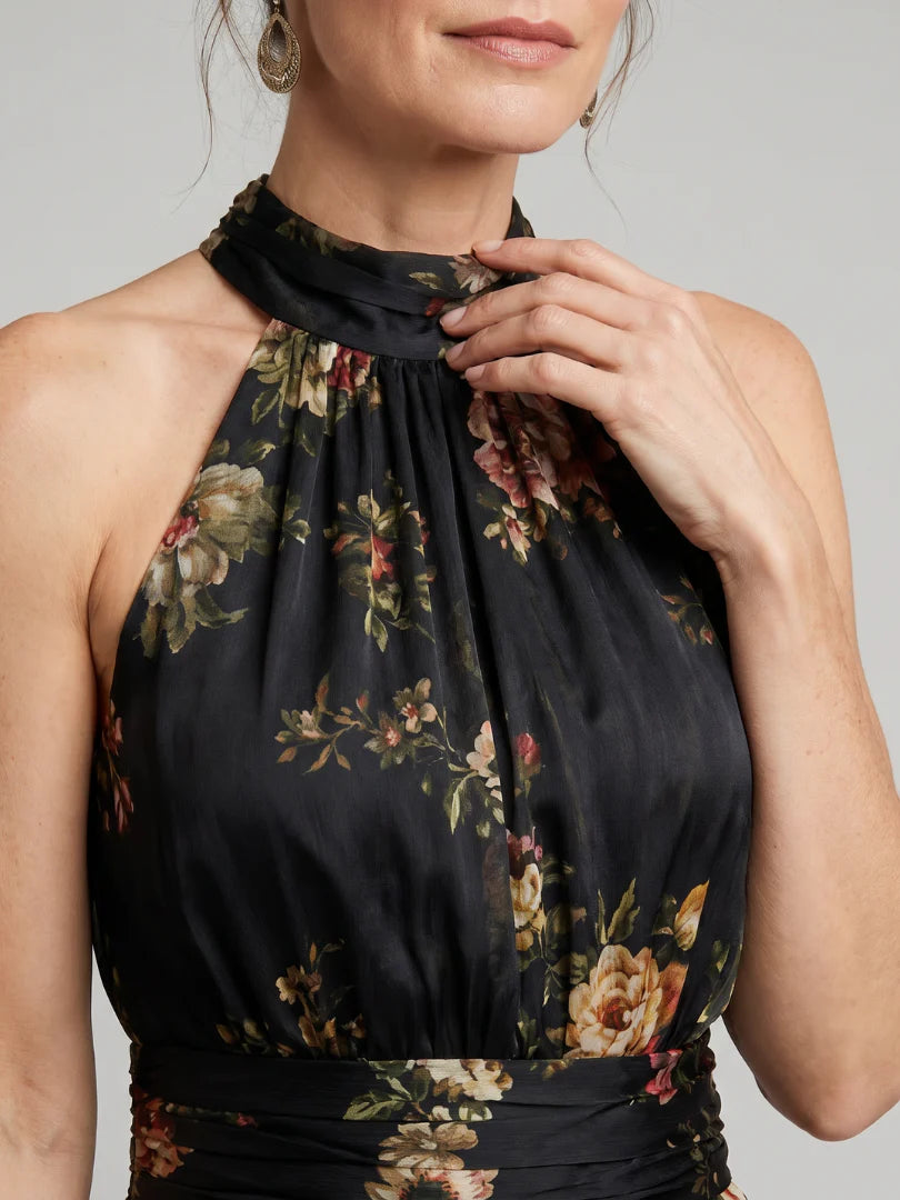 Serena ∙ Abito lungo verde floreale in chiffon con scollo a halter