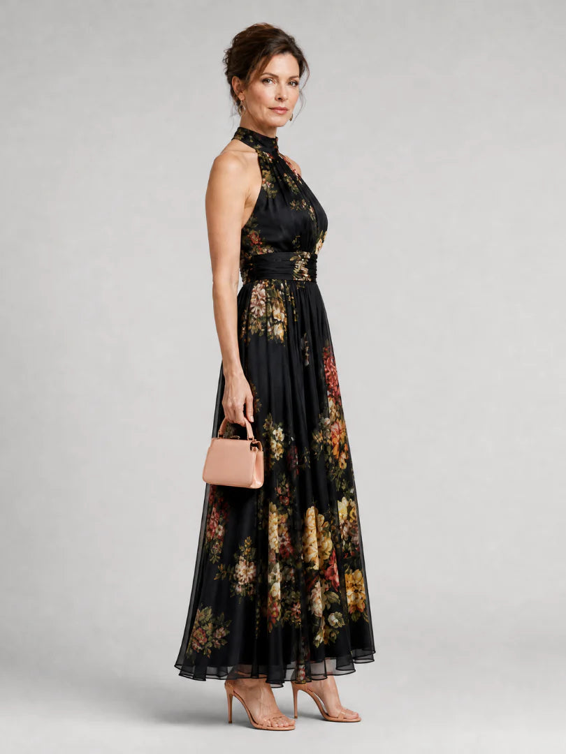 Serena ∙ Abito lungo verde floreale in chiffon con scollo a halter