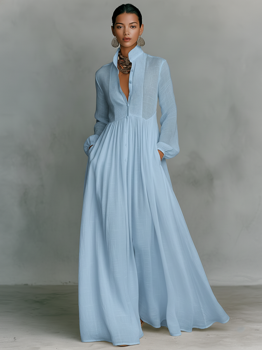 Maxi abito monopetto a maniche lunghe in cotone e lino con patchwork