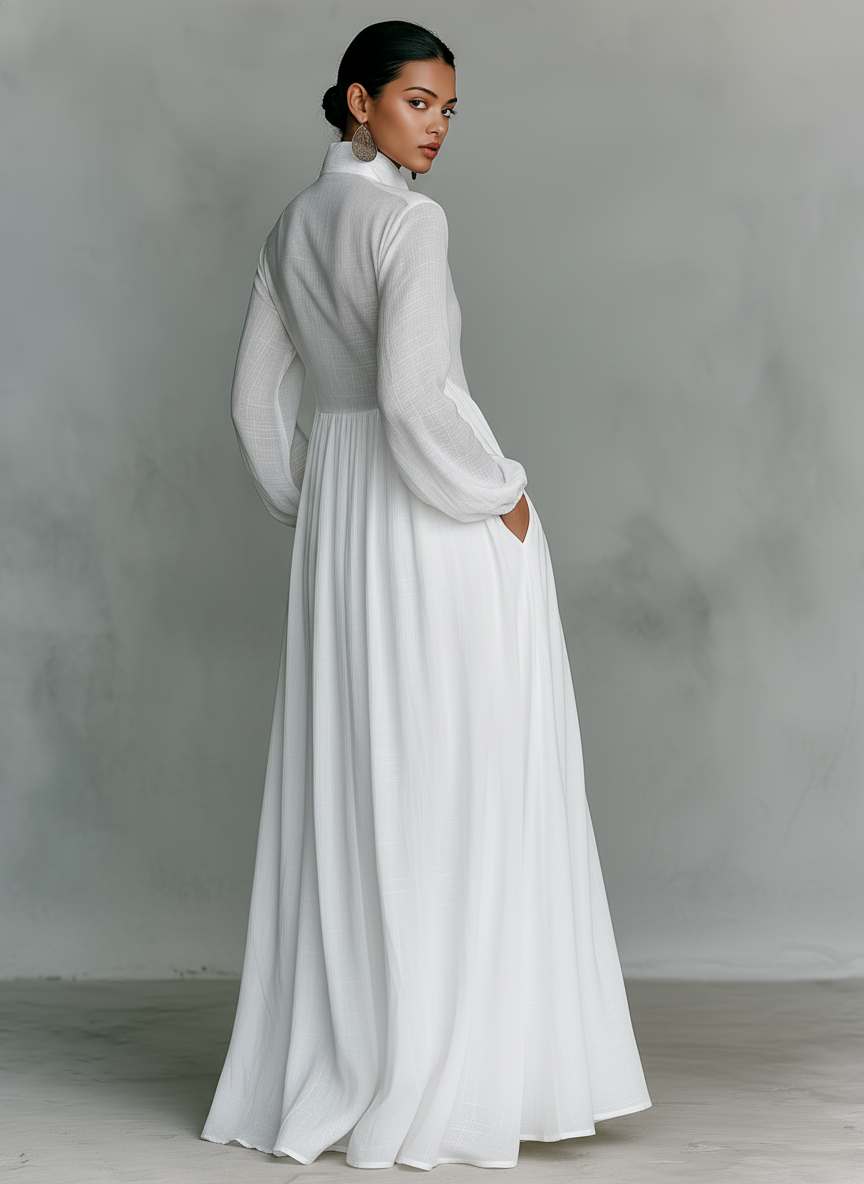 Maxi abito monopetto a maniche lunghe in cotone e lino con patchwork