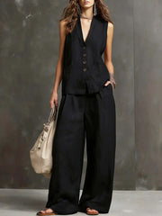 Completo due pezzi in cotone e lino con gilet senza maniche e pantaloni a gamba larga