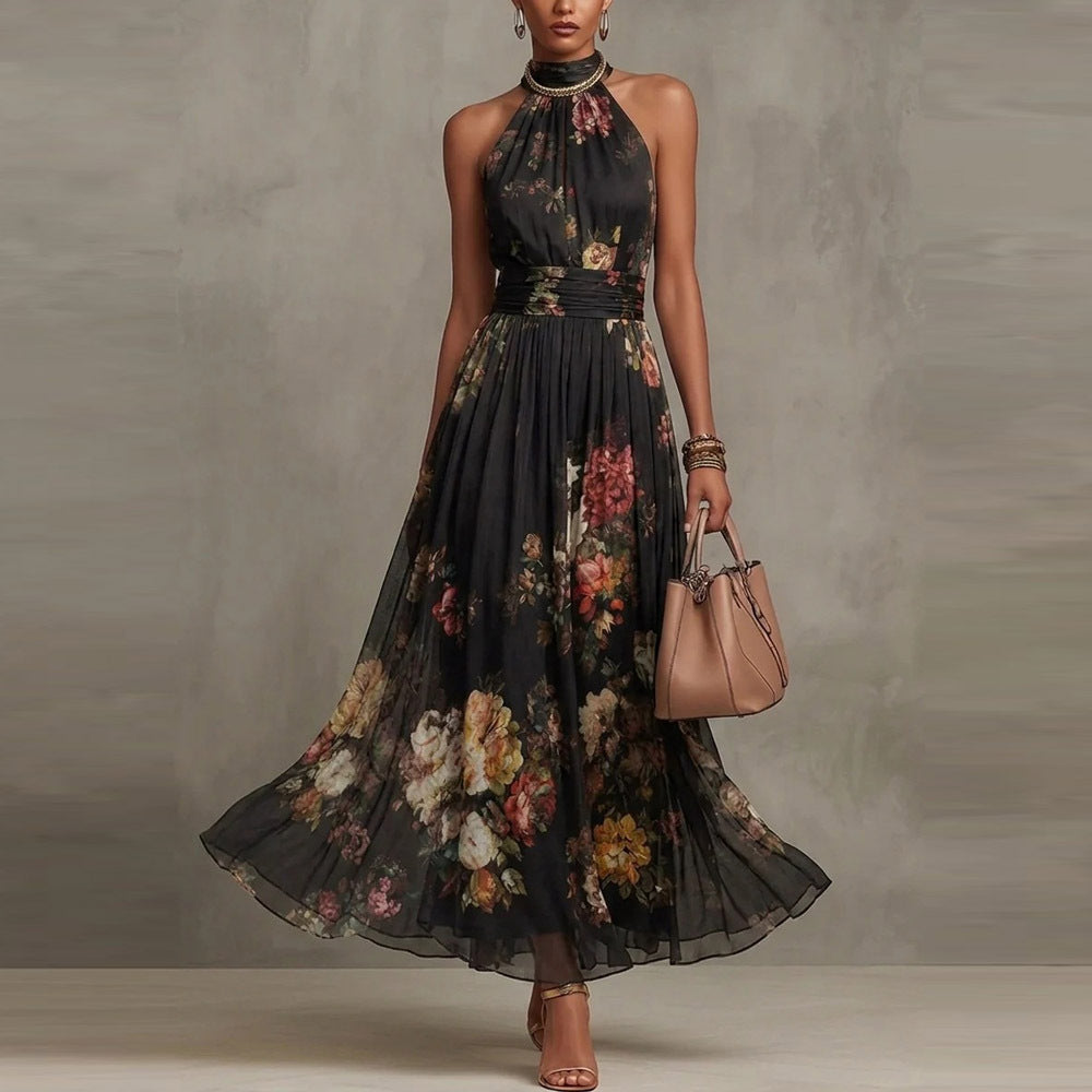 Serena ∙ Abito lungo verde floreale in chiffon con scollo a halter