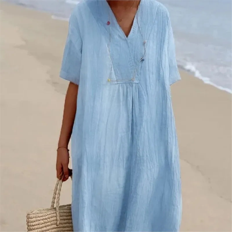 Sandra : Abito casual con texture in lino e scollatura a V