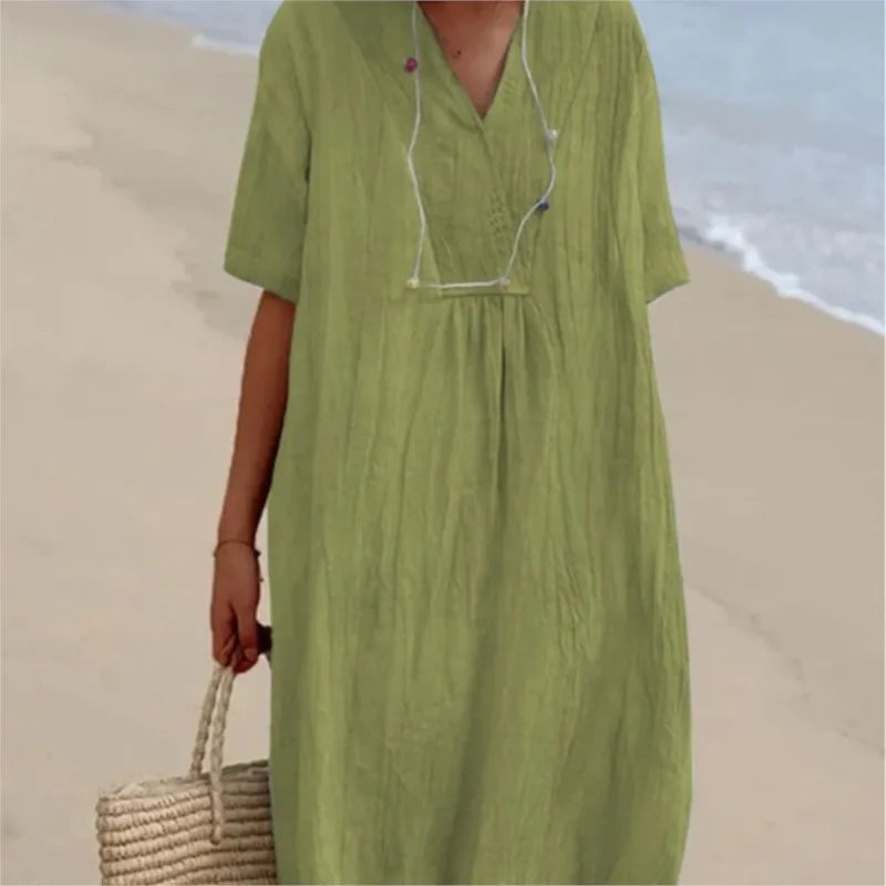 Sandra : Abito casual con texture in lino e scollatura a V