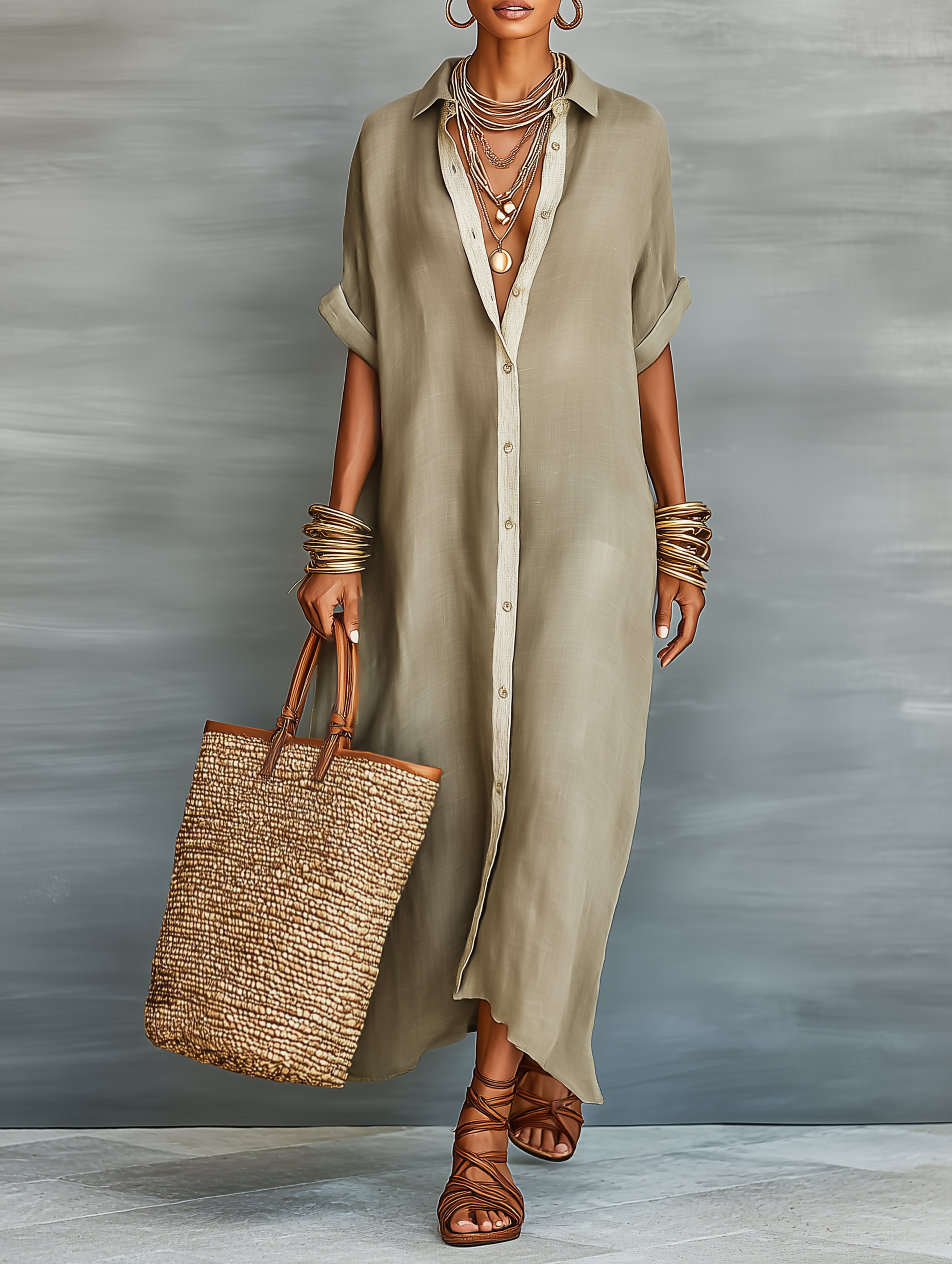 Maxi abito camicia a maniche corte in misto lino