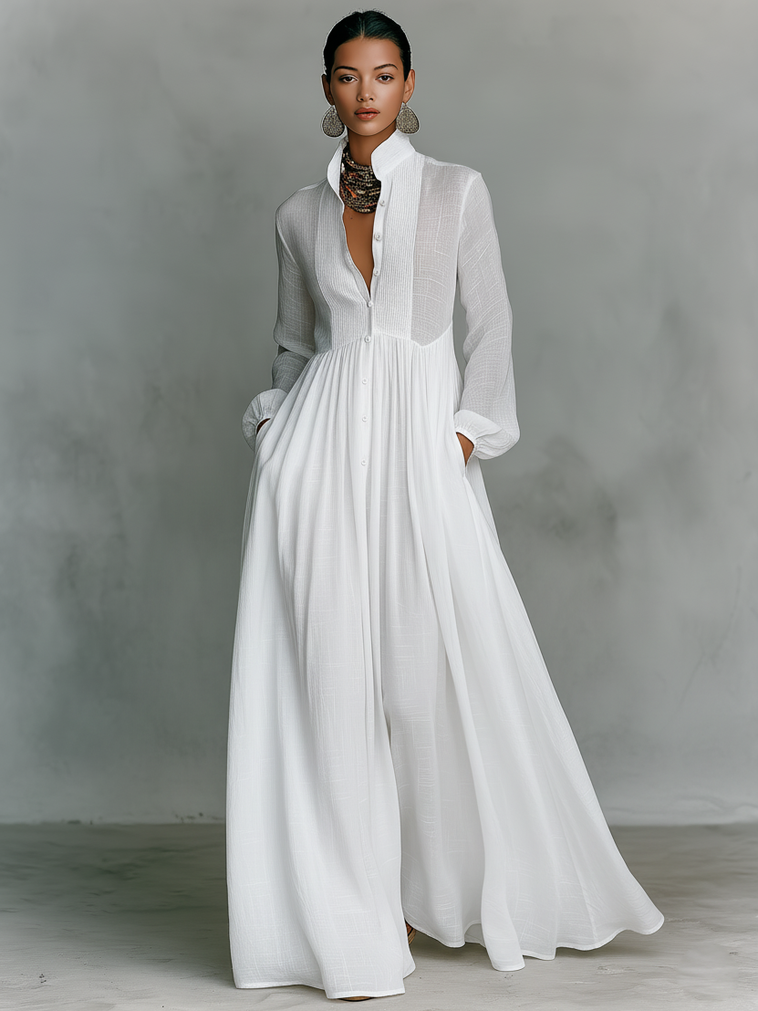 Maxi abito monopetto a maniche lunghe in cotone e lino con patchwork