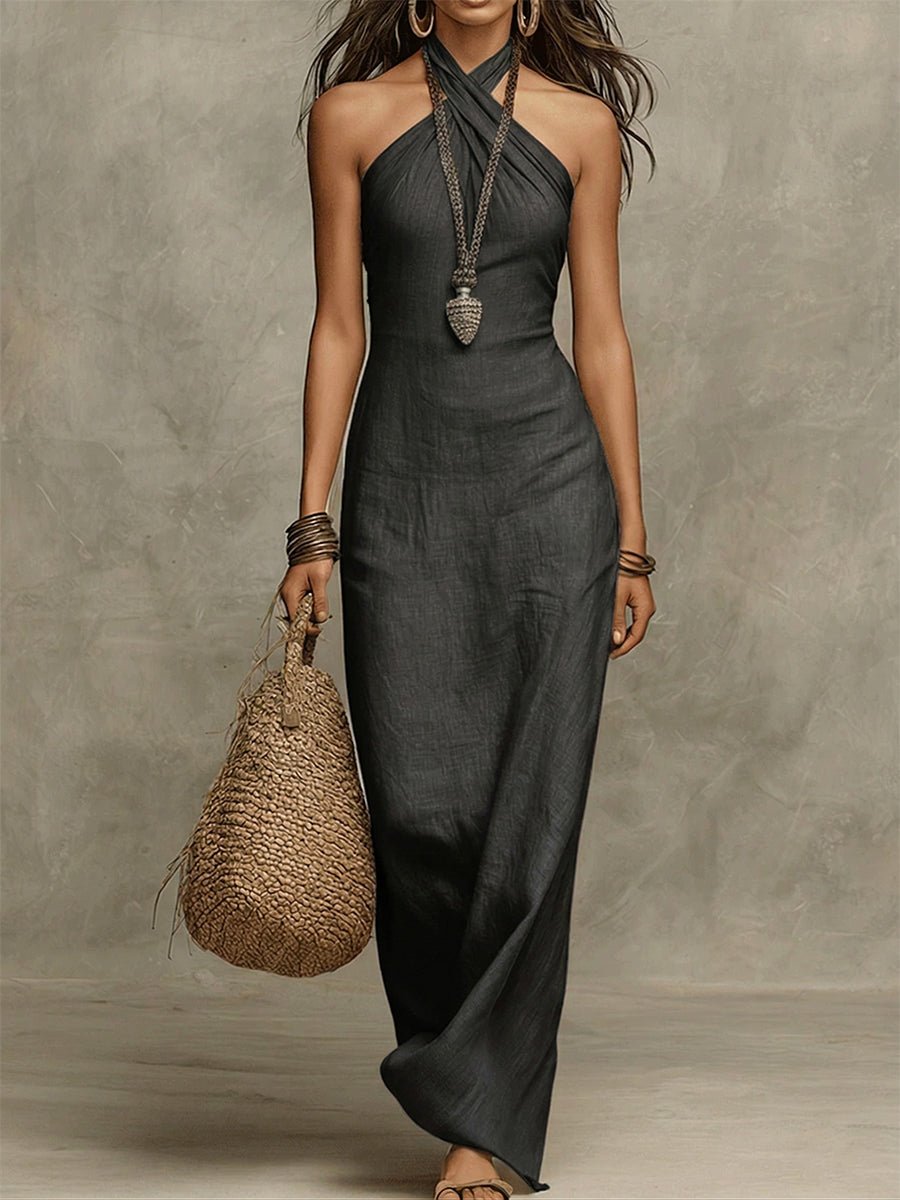 Avelina™ | Abito maxi con scollo all’americana, voluminoso, in cotone e lino - Serena Roma