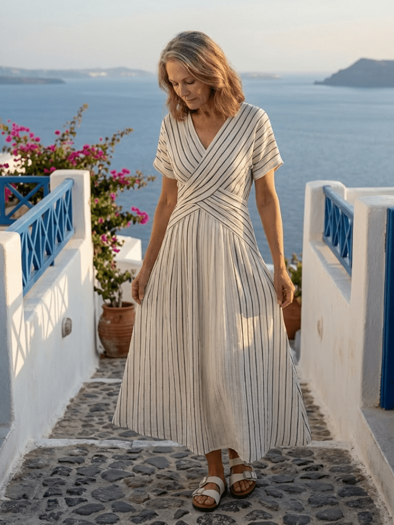 Cressida | V Neck Short Sleeve Cross Waist Midi Dress - Serena Roma