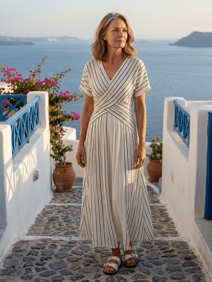Cressida | V Neck Short Sleeve Cross Waist Midi Dress - Serena Roma