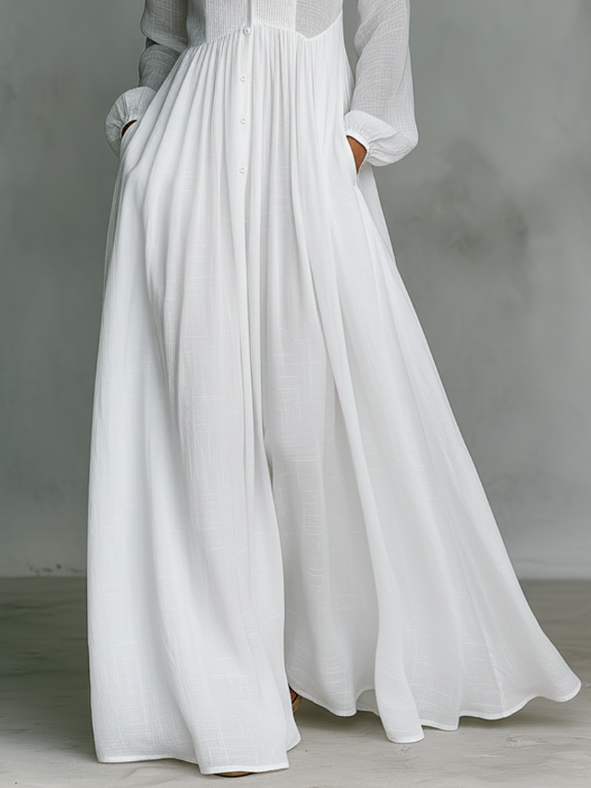 Maxi abito monopetto a maniche lunghe in cotone e lino con patchwork