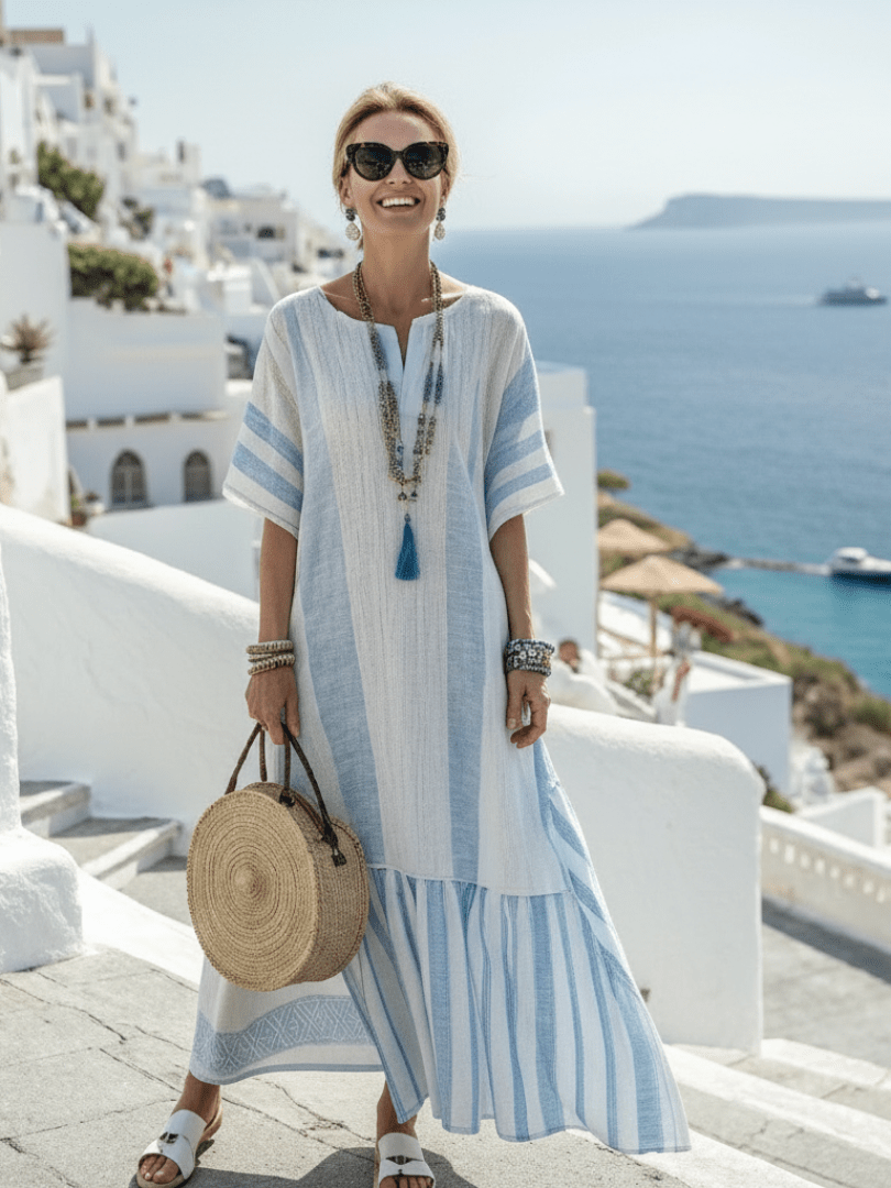 Ione | Round Neck Short Sleeve Striped Maxi Dress - Serena Roma