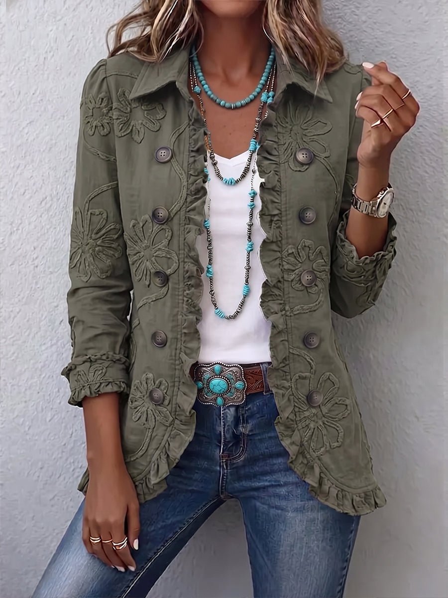 Kamberly™ | Giacca in stile boho chic con ricami floreali, dettagli utility e finiture a rouches - Serena Roma