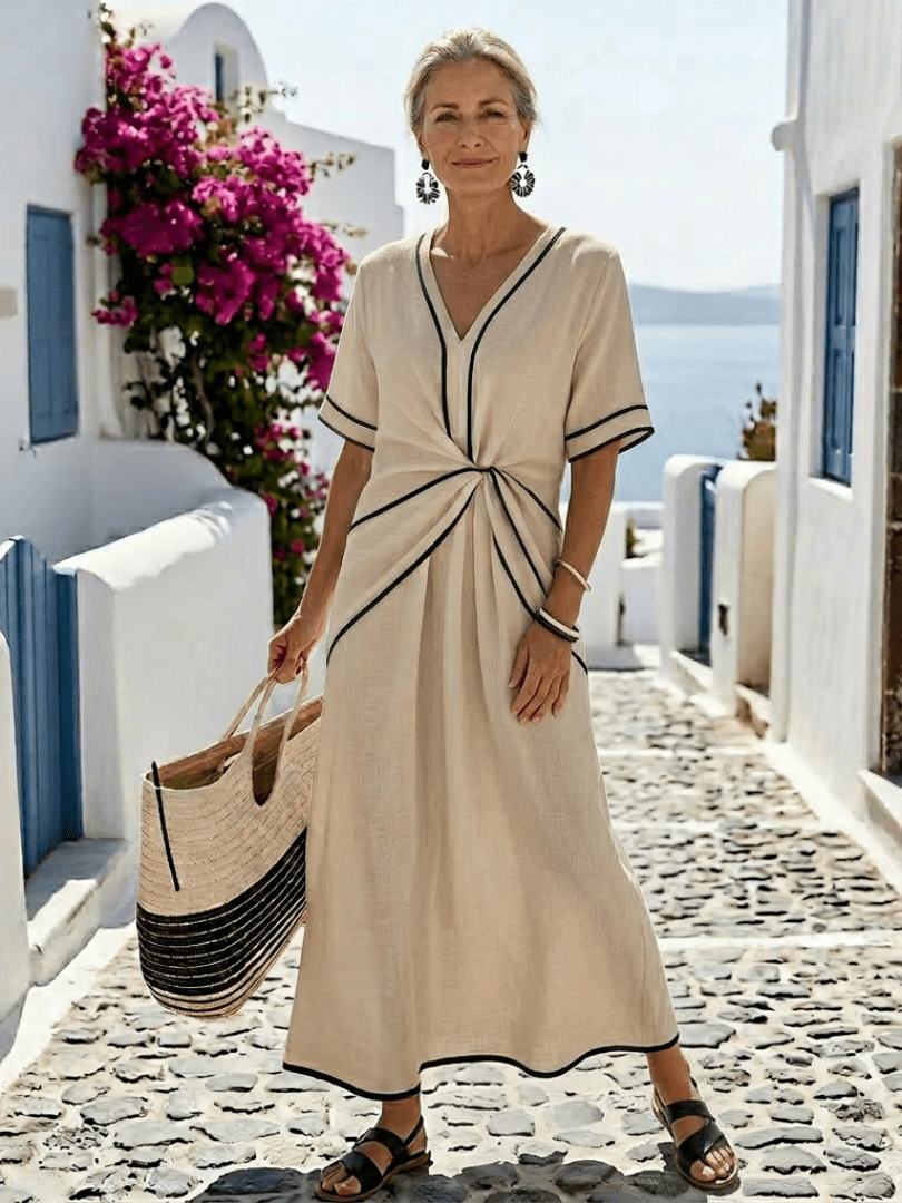 Linnea | V Neck Short Sleeve Gathered Waist Midi Dress - Serena Roma