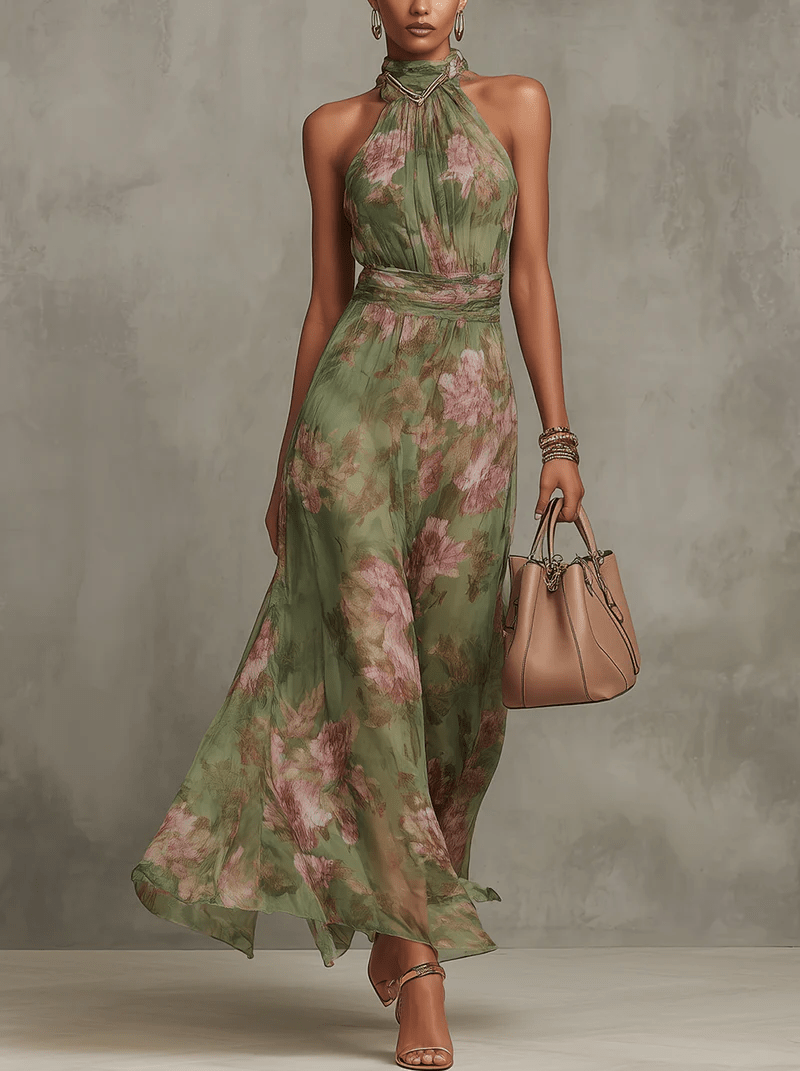 Livia : Elegante maxi abito floreale con cavezza - Serena Roma
