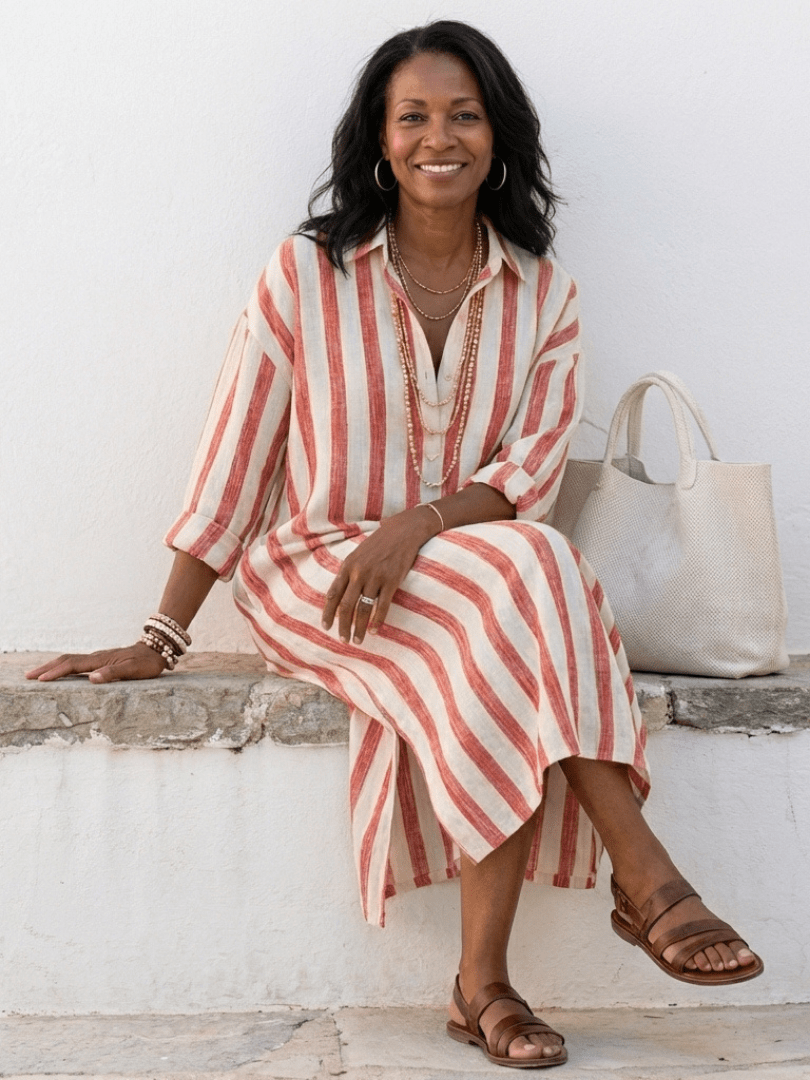 Naomi | Long Sleeve Striped Midi Shirt Dress - Serena Roma