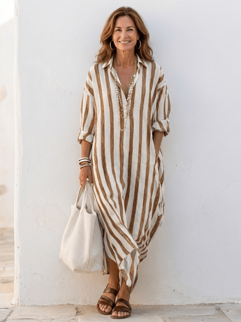 Naomi | Long Sleeve Striped Midi Shirt Dress - Serena Roma