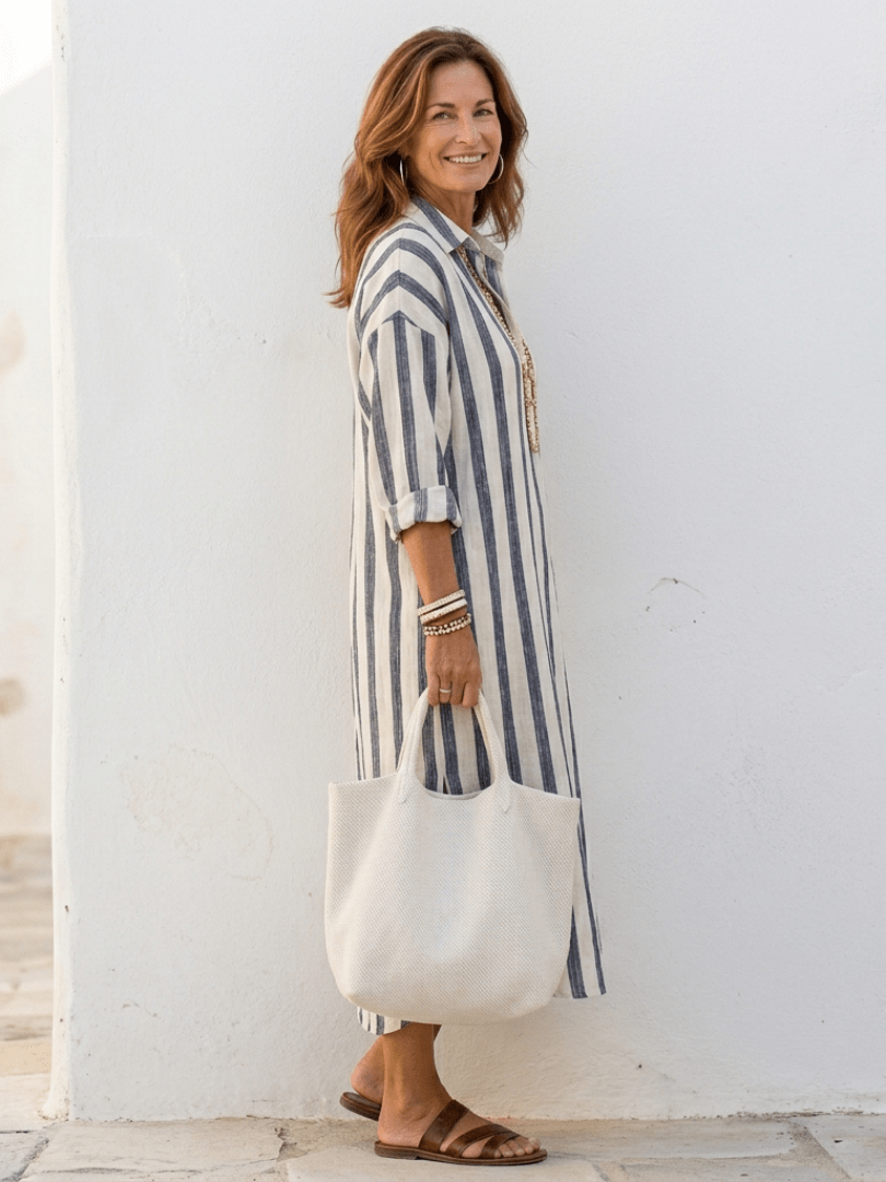 Naomi | Long Sleeve Striped Midi Shirt Dress - Serena Roma