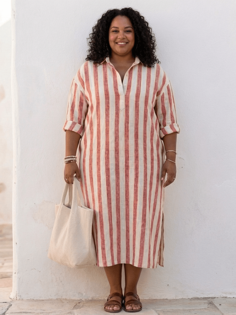 Naomi | Long Sleeve Striped Midi Shirt Dress - Serena Roma