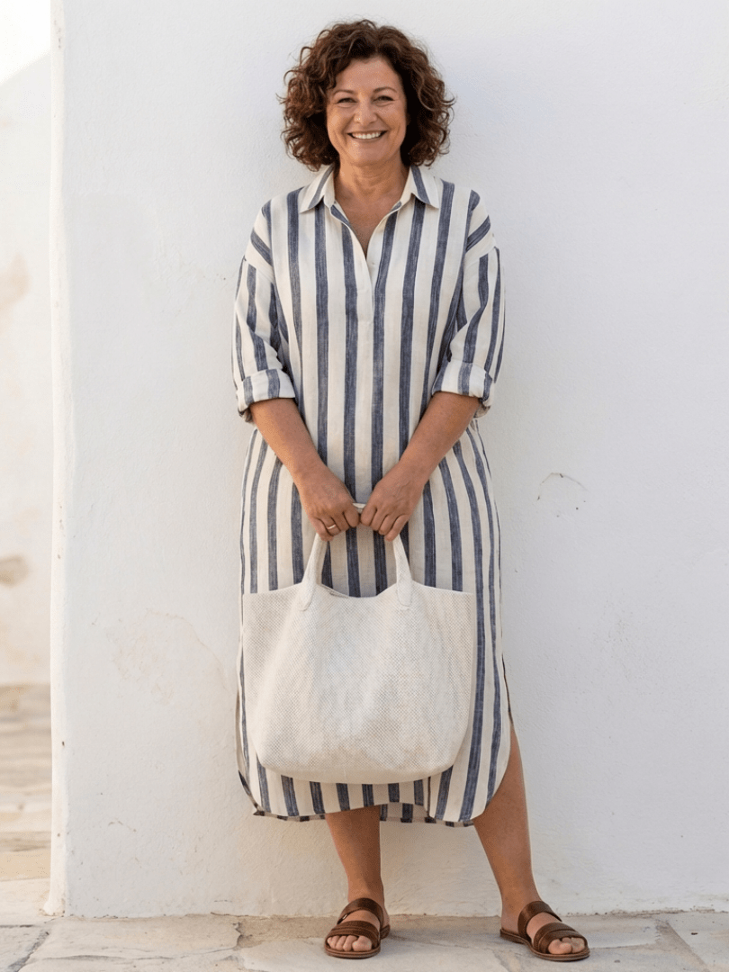 Naomi | Long Sleeve Striped Midi Shirt Dress - Serena Roma