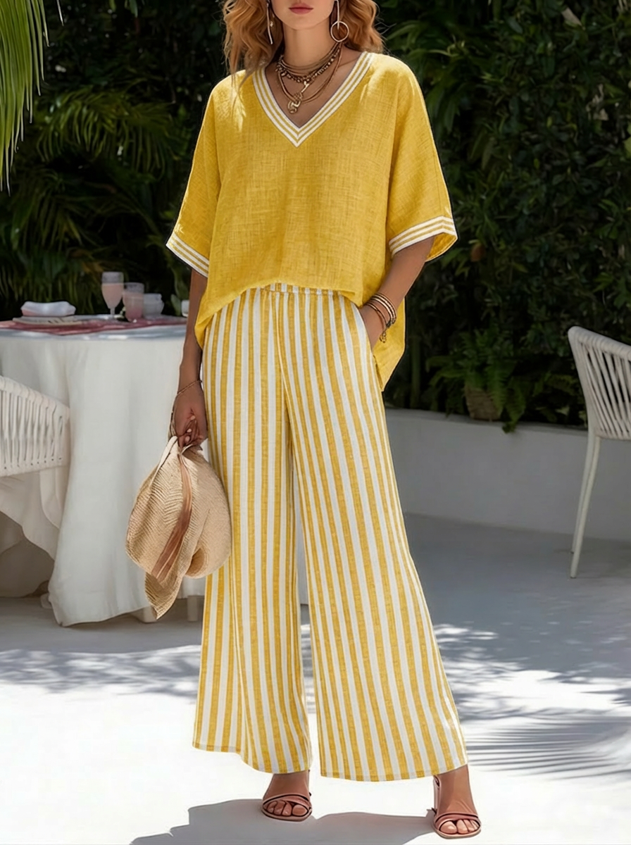 Completo a righe in lino e cotone elegante casual