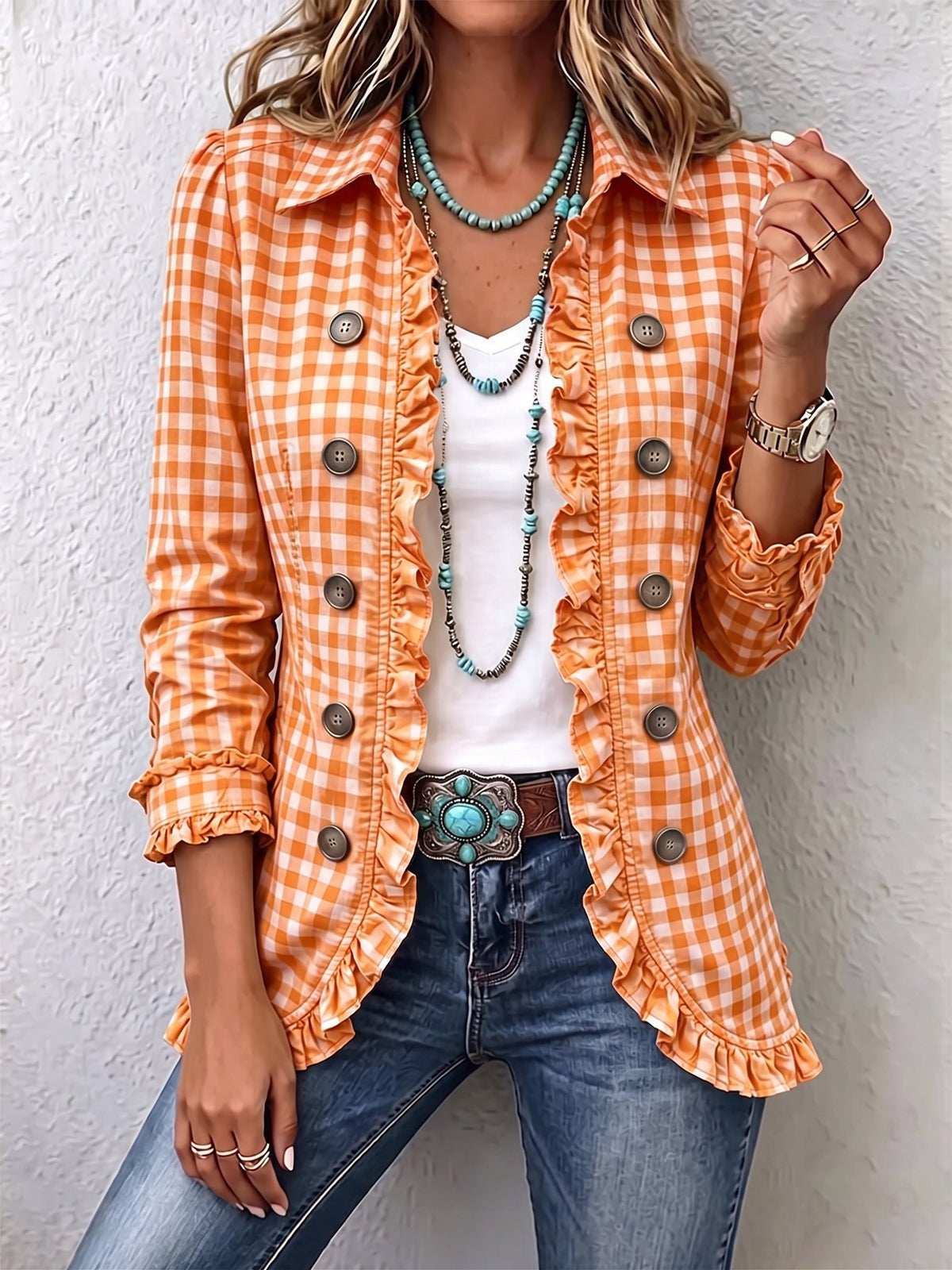 Charlene™ | Giacca gingham con rouches e abbottonatura