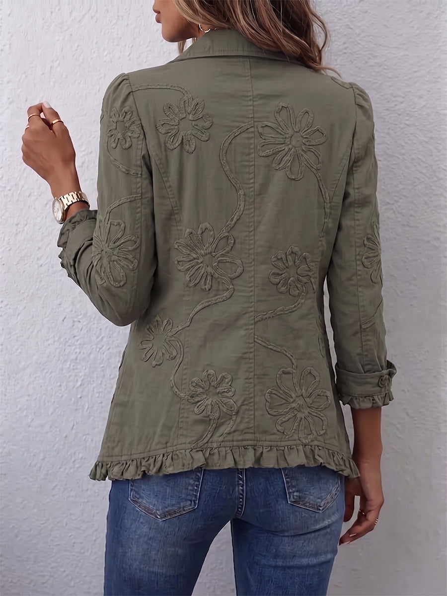 Kamberly™ | Giacca in stile boho chic con ricami floreali, dettagli utility e finiture a rouches
