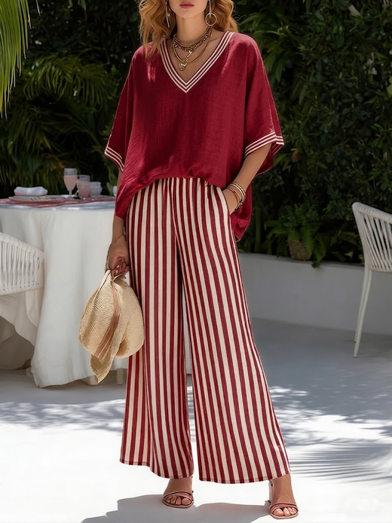 Completo a righe in lino e cotone elegante casual