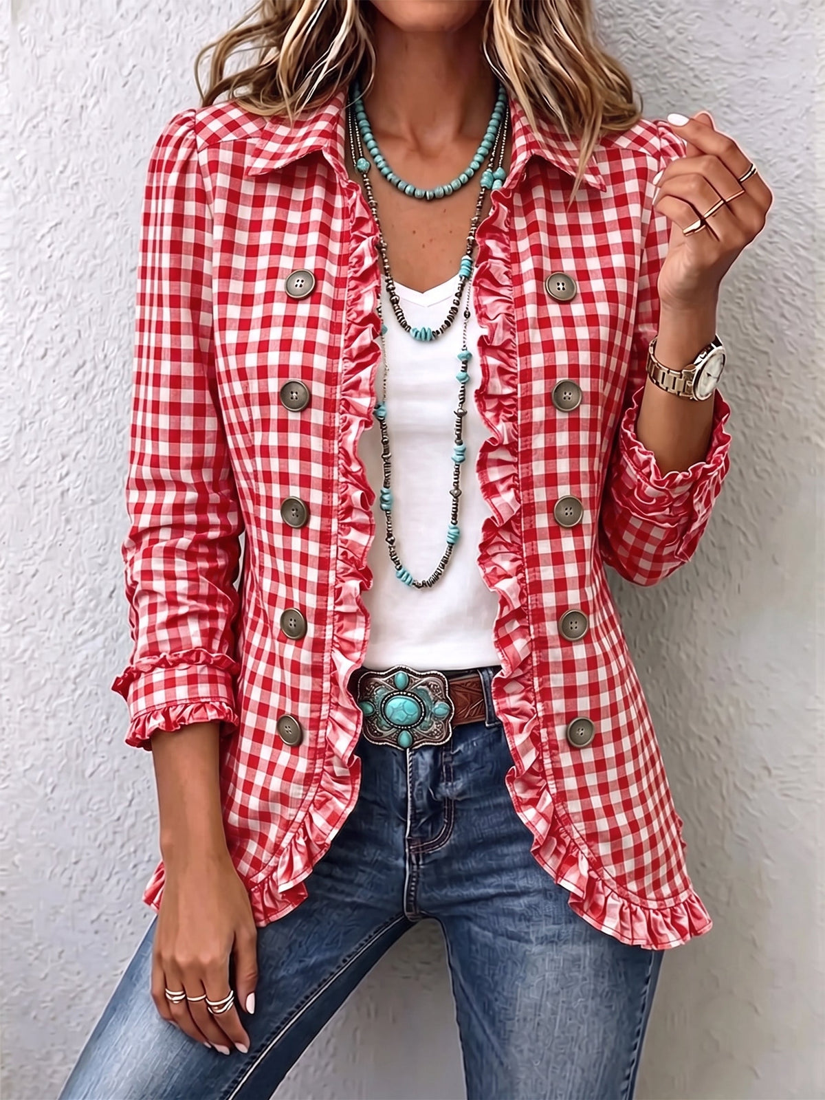 Charlene™ | Giacca gingham con rouches e abbottonatura