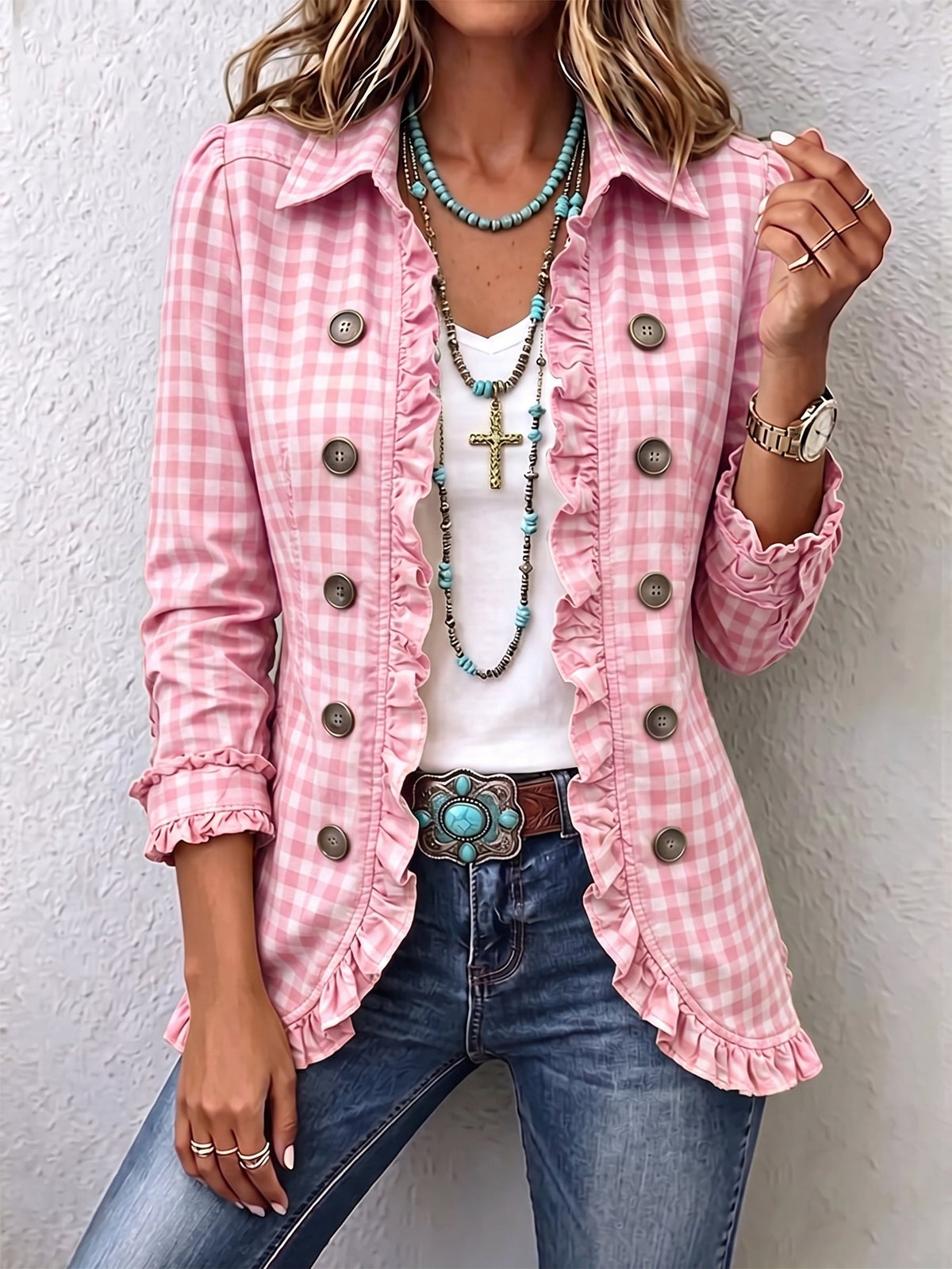 Charlene™ | Giacca gingham con rouches e abbottonatura