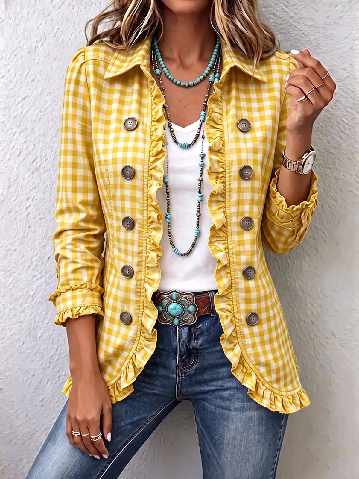 Charlene™ | Giacca gingham con rouches e abbottonatura