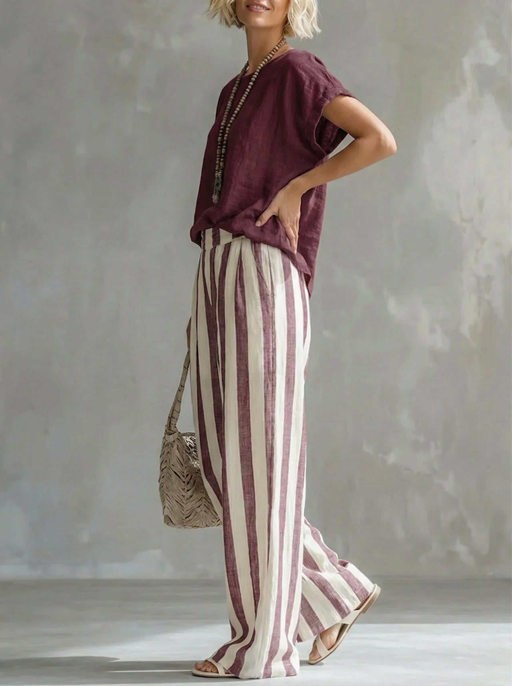 Set due pezzi in cotone e lino a righe, vestibilità leggera