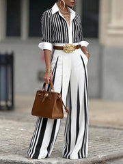 Completo due pezzi con camicia artistica elegante a righe e pantaloni a gamba larga