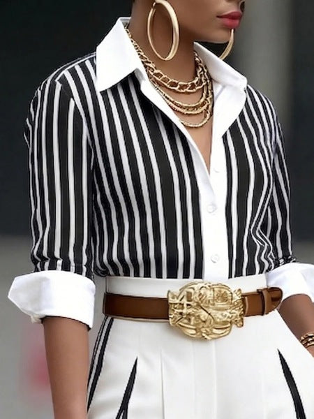 Completo due pezzi con camicia artistica elegante a righe e pantaloni a gamba larga