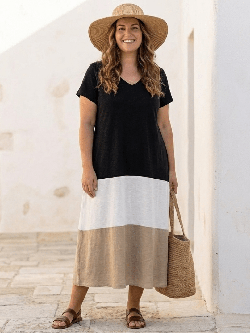 Thalia | Short Sleeve Color Block V Neck Midi Dress - Serena Roma