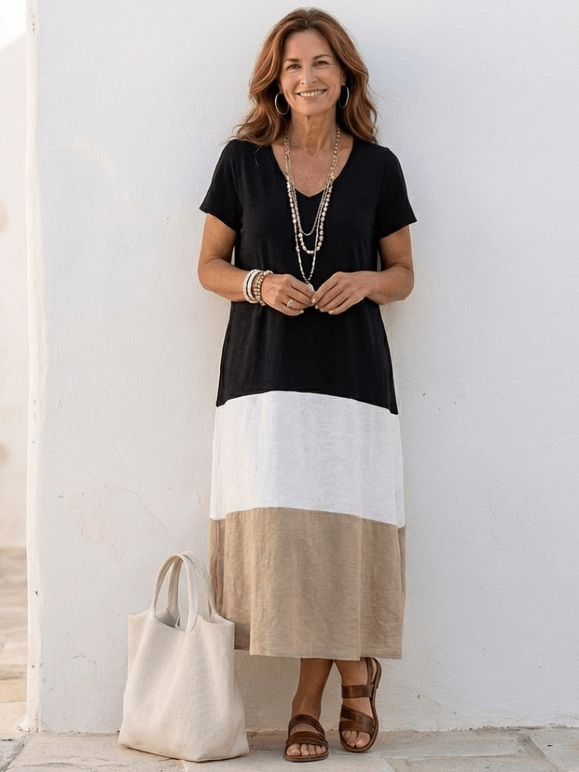 Thalia | Short Sleeve Color Block V Neck Midi Dress - Serena Roma