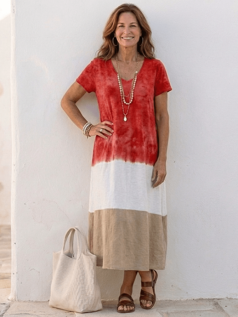 Thalia | Short Sleeve Color Block V Neck Midi Dress - Serena Roma