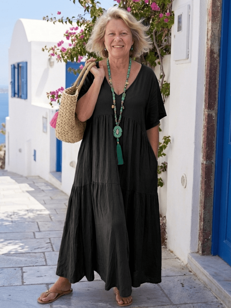 Zinnia | Short Sleeve Tiered Blue Maxi Dress - Serena Roma